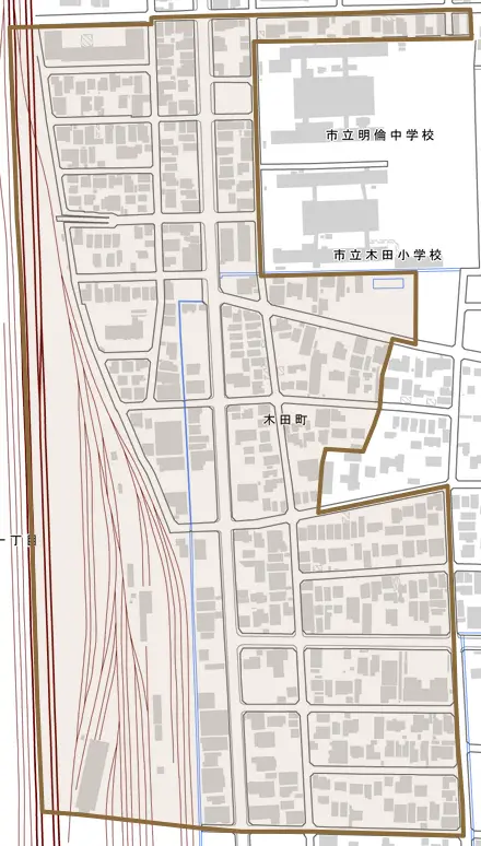 木田町とその周辺の地図。町の範囲を重ねている