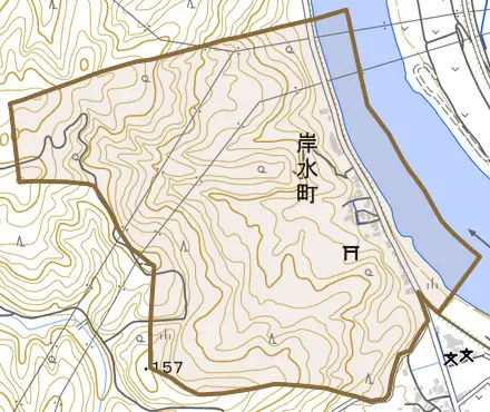 岸水町とその周辺の地図。町の範囲を重ねている