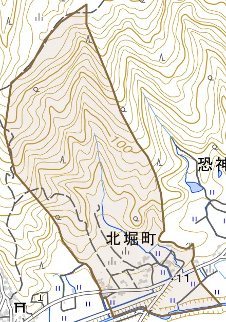 北堀町とその周辺の地図。町の範囲を重ねている