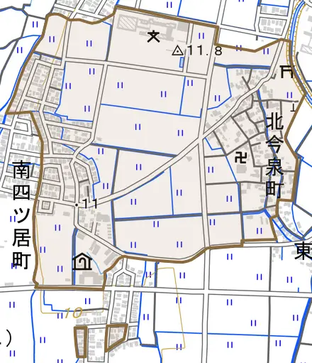 北今泉町とその周辺の地図。町の範囲を重ねている