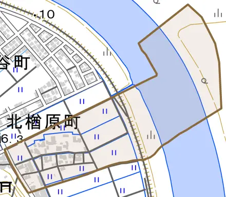 北楢原町とその周辺の地図。町の範囲を重ねている