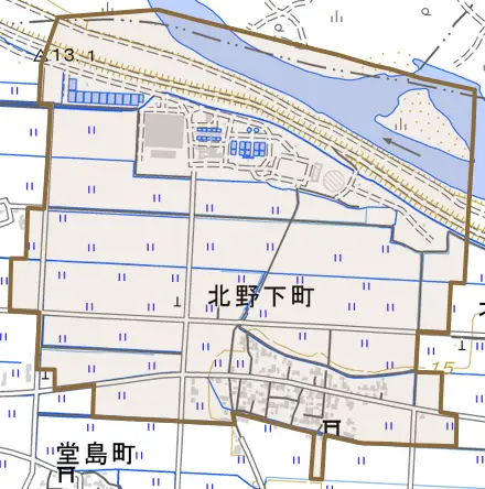 北野下町とその周辺の地図。町の範囲を重ねている