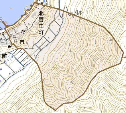 北菅生町とその周辺の地図。町の範囲を重ねている