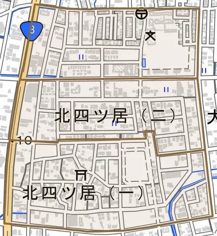 北四ツ居とその周辺の地図。町の範囲を重ねている