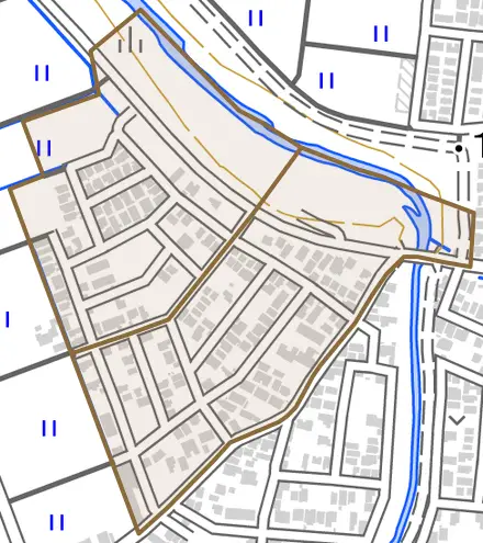 狐橋とその周辺の地図。町の範囲を重ねている