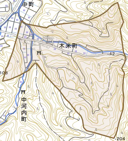 木米町とその周辺の地図。町の範囲を重ねている
