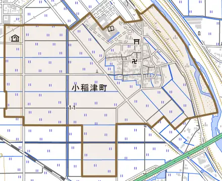 小稲津町とその周辺の地図。町の範囲を重ねている