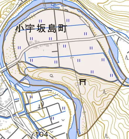 小宇坂島町とその周辺の地図。町の範囲を重ねている