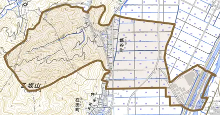 甑谷町とその周辺の地図。町の範囲を重ねている