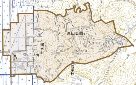 河水町とその周辺の地図。町の範囲を重ねている