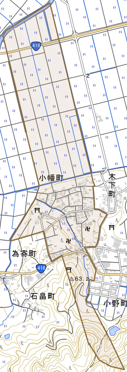 小幡町とその周辺の地図。町の範囲を重ねている