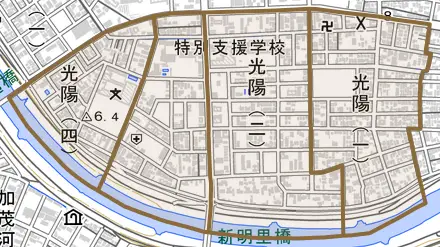 光陽とその周辺の地図。町の範囲を重ねている