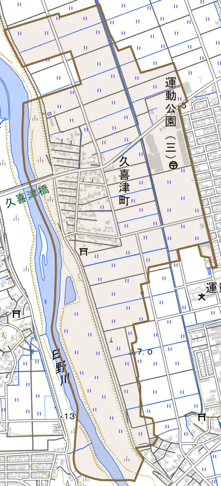 久喜津町とその周辺の地図。町の範囲を重ねている