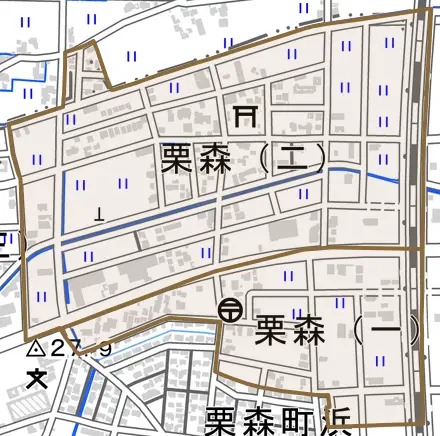 栗森とその周辺の地図。町の範囲を重ねている