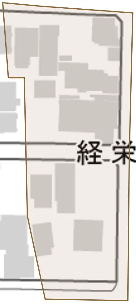 経栄とその周辺の地図。町の範囲を重ねている