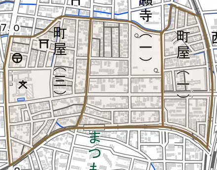 町屋とその周辺の地図。町の範囲を重ねている