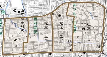 松本とその周辺の地図。町の範囲を重ねている