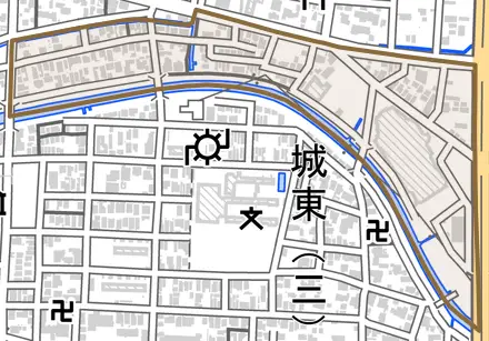 松城町とその周辺の地図。町の範囲を重ねている