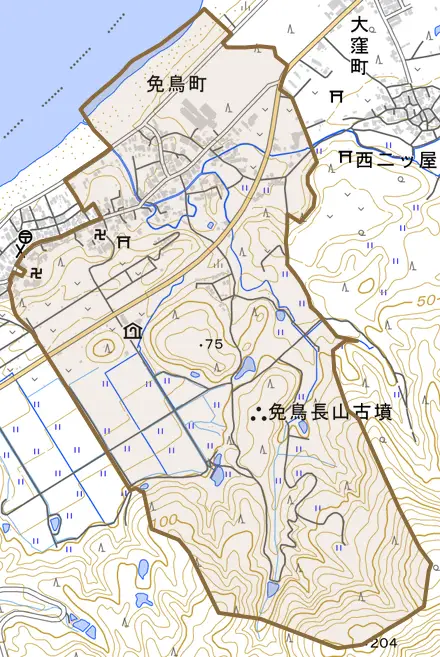 免鳥町とその周辺の地図。町の範囲を重ねている