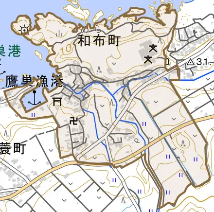 和布町とその周辺の地図。町の範囲を重ねている