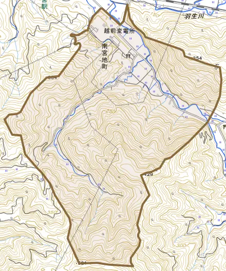 南宮地町とその周辺の地図。町の範囲を重ねている