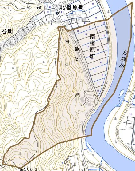 南楢原町とその周辺の地図。町の範囲を重ねている