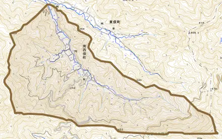 南西俣町とその周辺の地図。町の範囲を重ねている