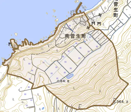 南菅生町とその周辺の地図。町の範囲を重ねている