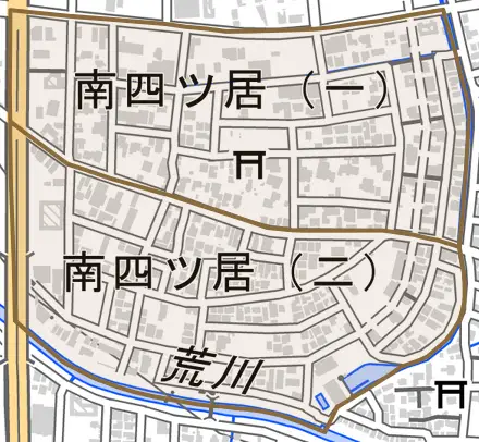 南四ツ居とその周辺の地図。町の範囲を重ねている