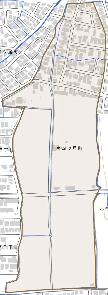 南四ツ居町とその周辺の地図。町の範囲を重ねている