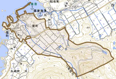 蓑町とその周辺の地図。町の範囲を重ねている
