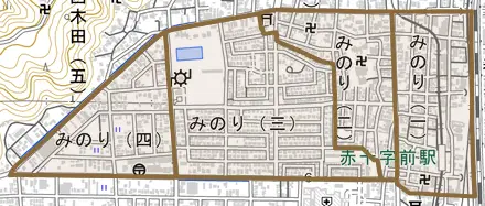 みのりとその周辺の地図。町の範囲を重ねている