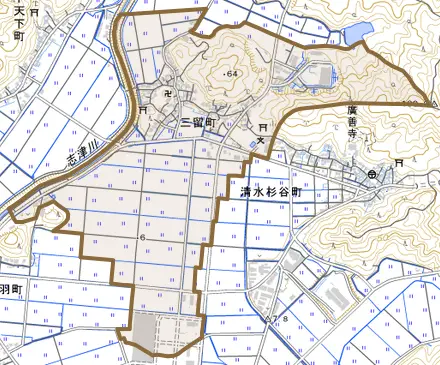 三留町とその周辺の地図。町の範囲を重ねている