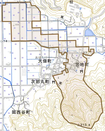 宮地町とその周辺の地図。町の範囲を重ねている