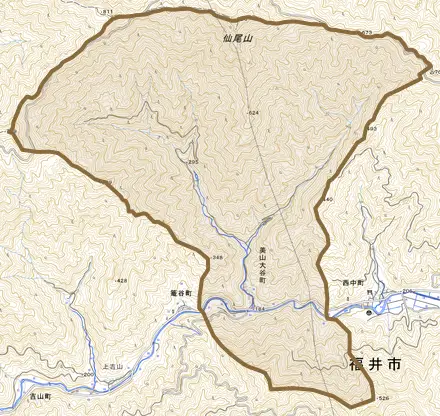 美山大谷町とその周辺の地図。町の範囲を重ねている