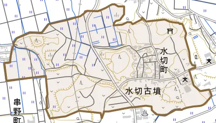 水切町とその周辺の地図。町の範囲を重ねている