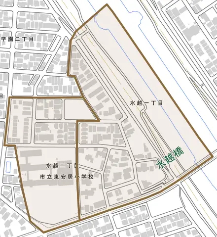 水越とその周辺の地図。町の範囲を重ねている
