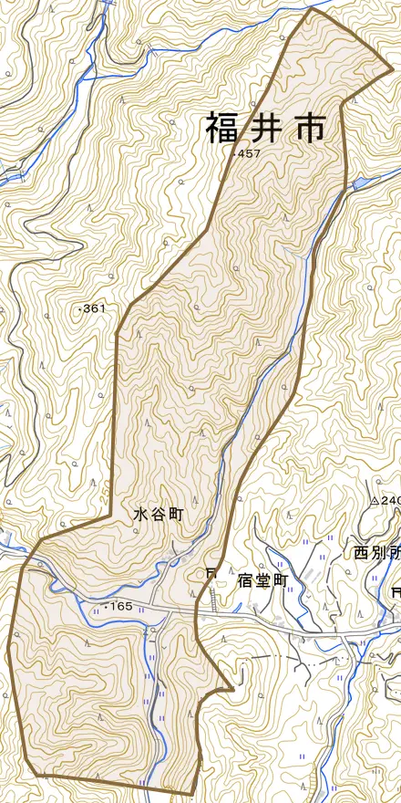 水谷町とその周辺の地図。町の範囲を重ねている