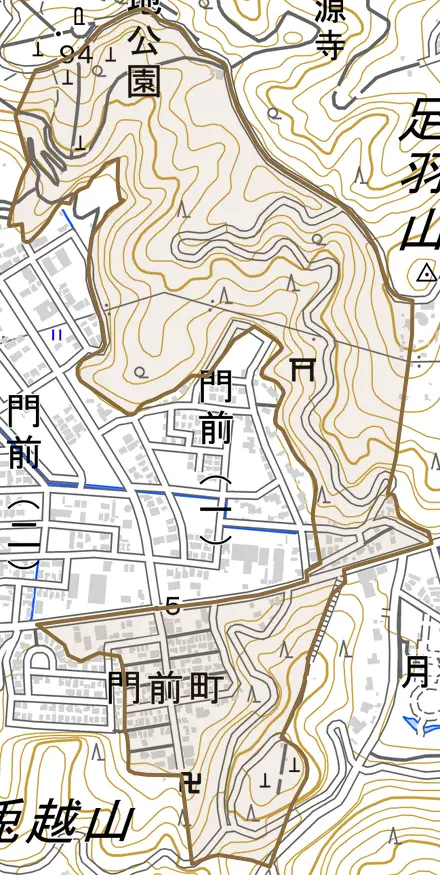 門前町とその周辺の地図。町の範囲を重ねている