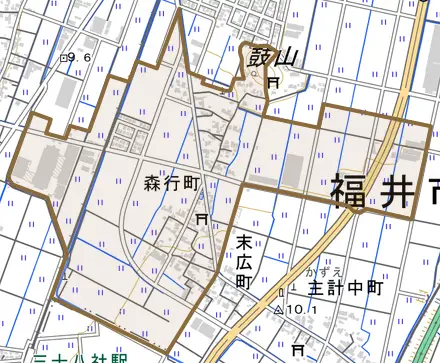 森行町とその周辺の地図。町の範囲を重ねている