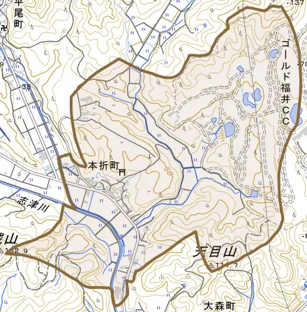 本折町とその周辺の地図。町の範囲を重ねている