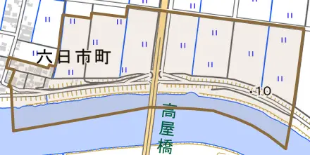 六日市町とその周辺の地図。町の範囲を重ねている