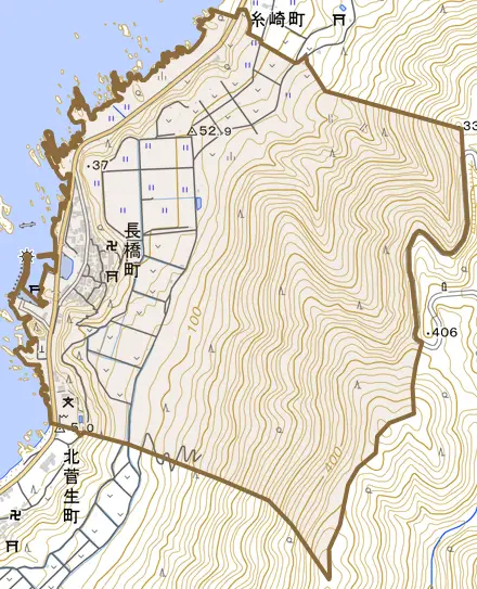 長橋町とその周辺の地図。町の範囲を重ねている