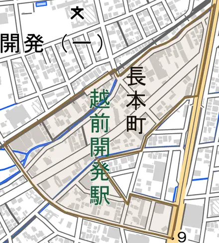 長本町とその周辺の地図。町の範囲を重ねている
