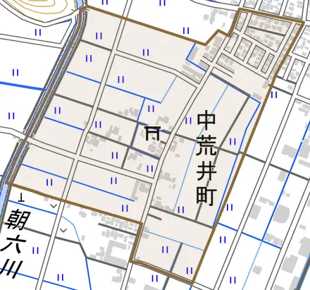 中荒井町とその周辺の地図。町の範囲を重ねている