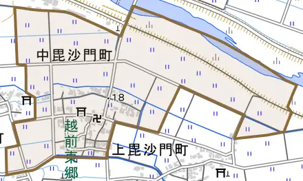 中毘沙門町とその周辺の地図。町の範囲を重ねている