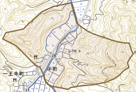 中町とその周辺の地図。町の範囲を重ねている