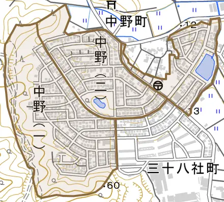 中野とその周辺の地図。町の範囲を重ねている