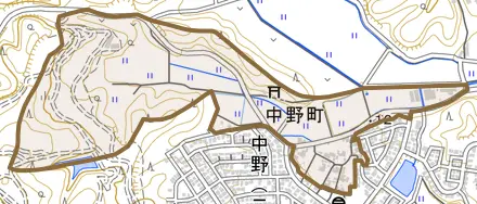 中野町とその周辺の地図。町の範囲を重ねている