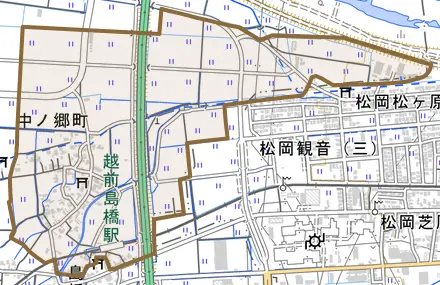 中ノ郷町とその周辺の地図。町の範囲を重ねている